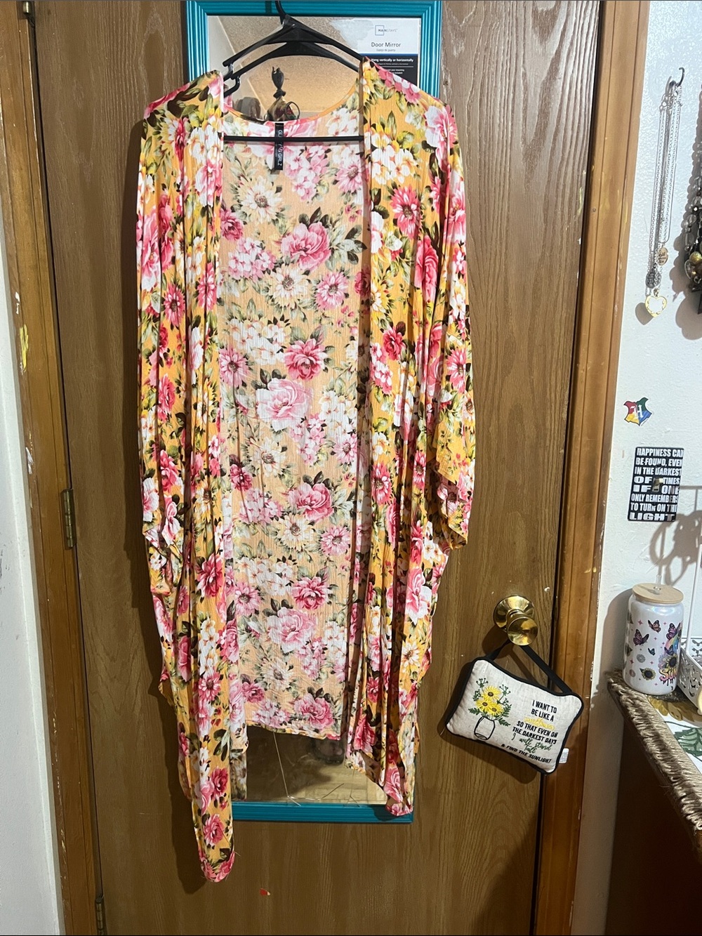 Floral Open-Front Kimono Cardigan - Pink & Yellow
